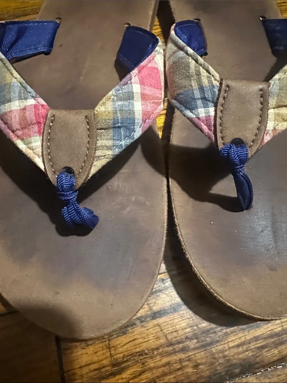 Brooks Brothers Brown Leather Flip Flops with Navy and Plaid Straps